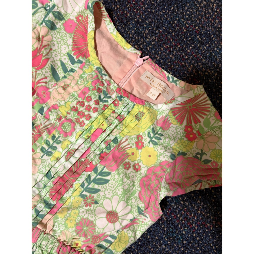Mini Boden Girls Pink Yellow Green Floral Pleated Dress Size 3-4Y
